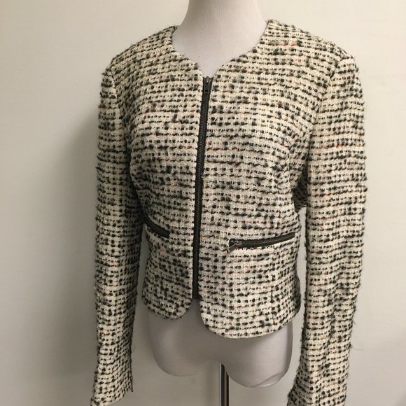 French Connection zip boucle blazer vintage black tweed wool blend classic 12 - Picture 1 of 7